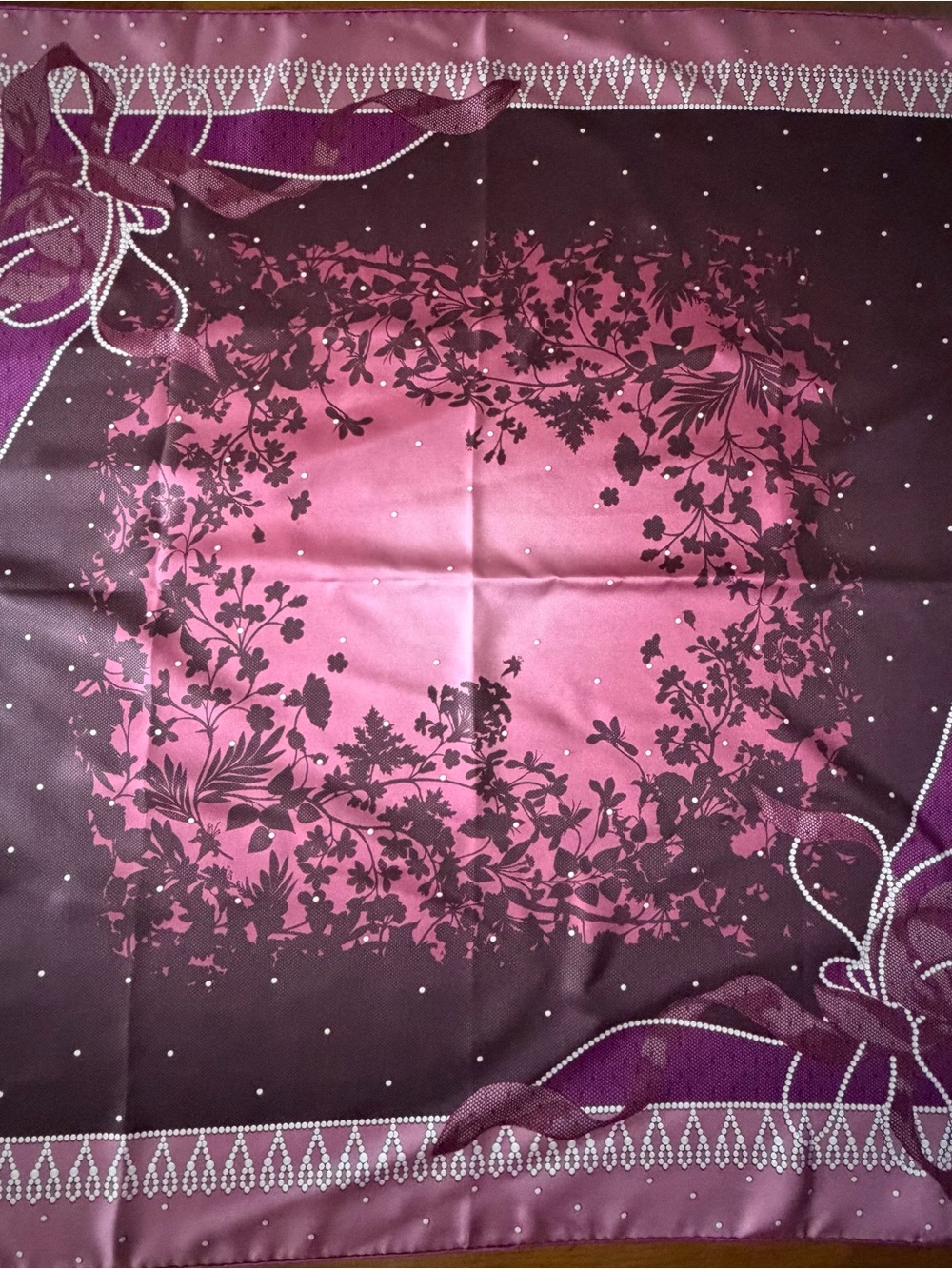 Nina Ricci Pink and Plum Floral Border Silk Square Scarf.